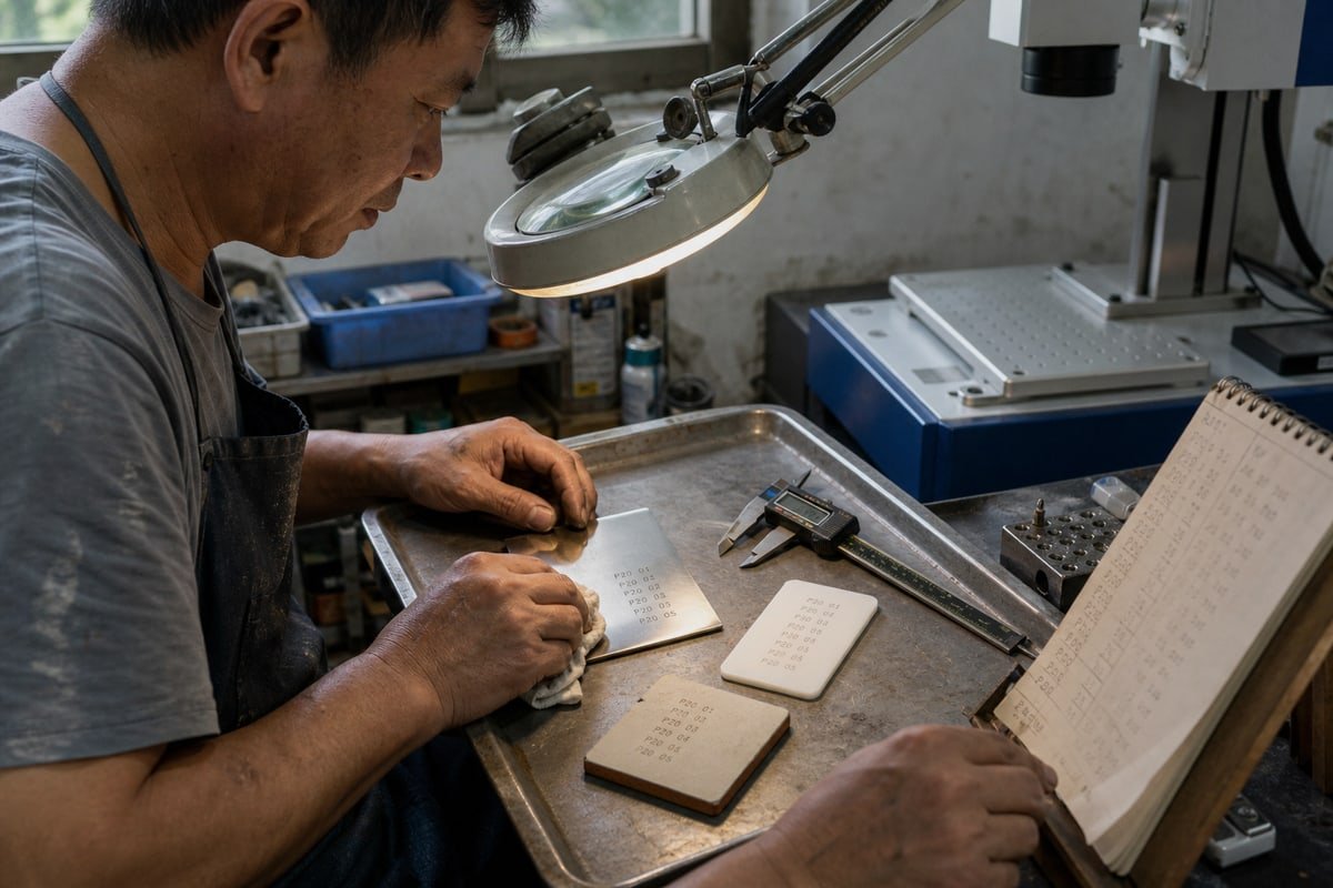 Testing marking precision and durability with sample plates and inspection reports before ordering (ID#3)