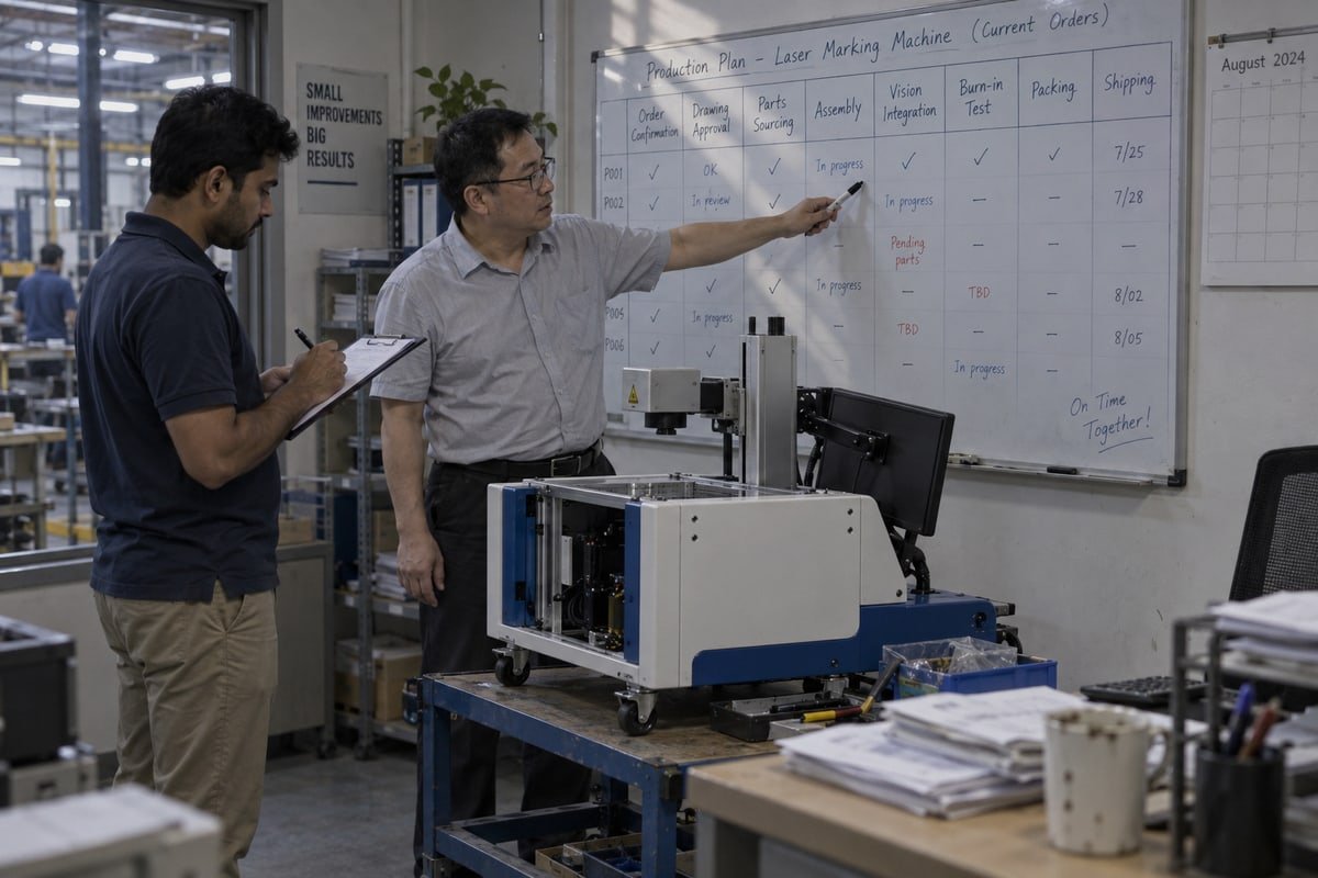Milestone breakdown checklist confirming real production timeline for CCD laser marking machine orders (ID#2)