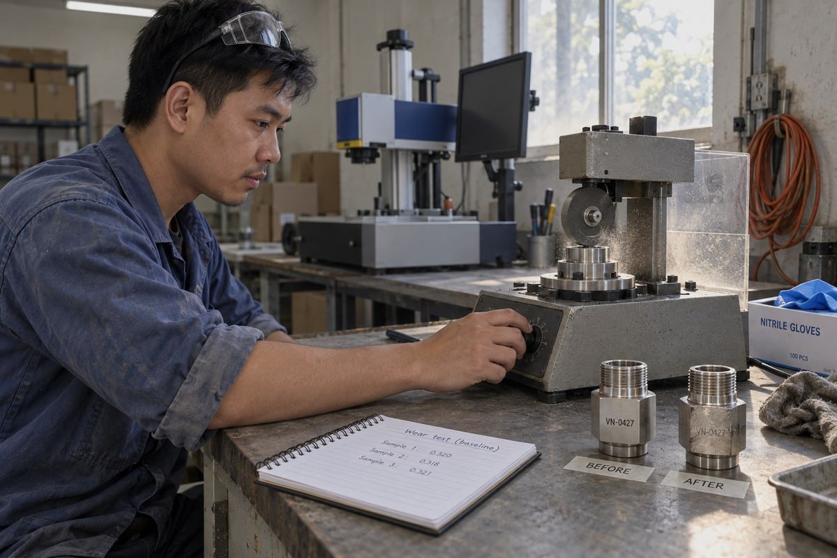 Wear Resistance Testing Abrasion and rub test setup verifying CCD laser marking survives long-term wear (ID#2)