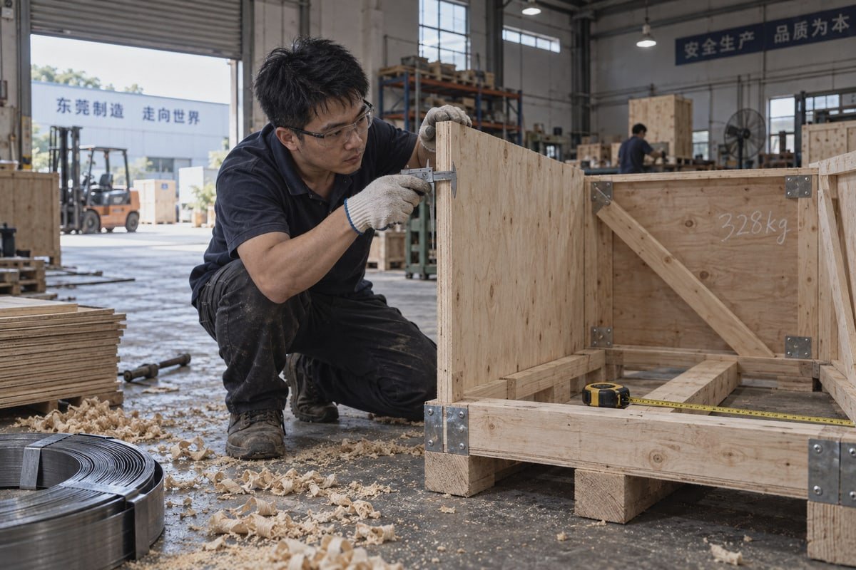 Export-grade plywood crate with reinforced skid base and bracing protecting laser marking machine (ID#3)