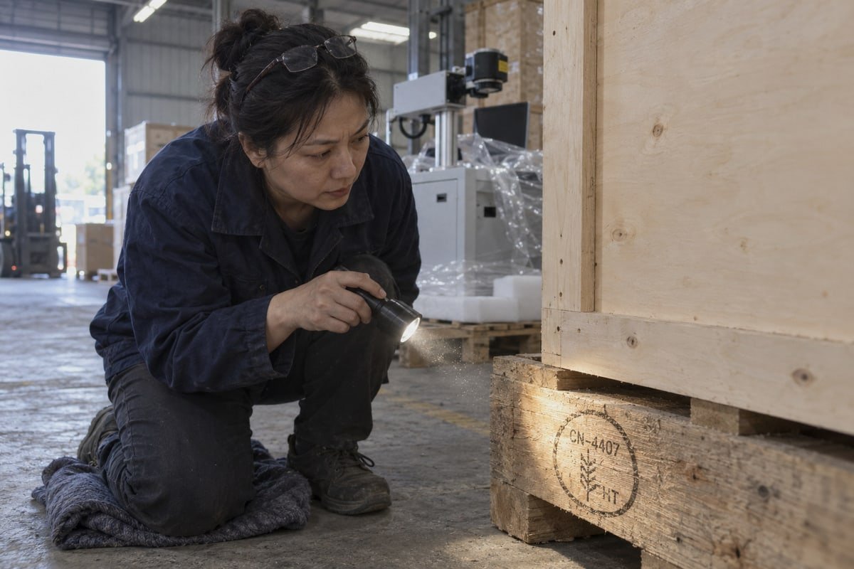 ISPM 15 Verification IPPC certification mark verification on solid wood crate parts for ISPM 15 compliance (ID#2)